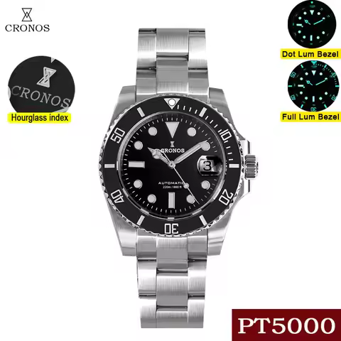 Cronos Sub Diver Men's Watch PT5000 No Date Brushed Bracelet Ceramic Bezel 200m Water Resistant