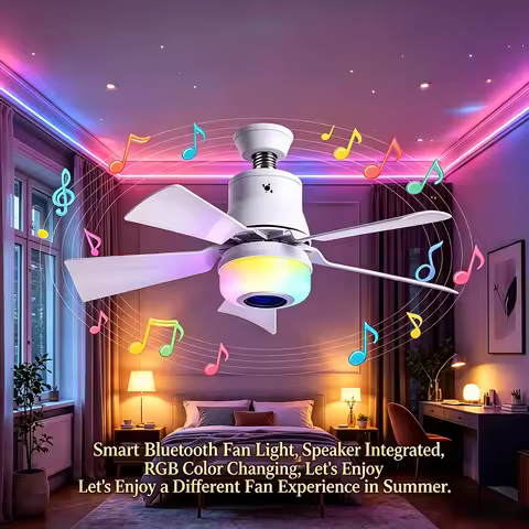 Smart Atmosphere Ceiling Fan Light Built-in Bluetooth Speaker RGB Color Cooling Ventilator Home Bedr