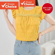 Women Casual Plain Jacquard Lace Ruffle Spring/Summer Yellow Blouse L134ED448