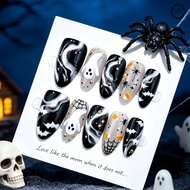 Halloween 3D Ghost Almond Nails - Dark Spider Web Gilt Manicure