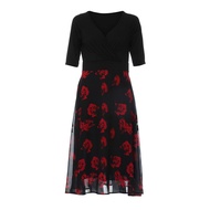 Womens Patchwork Swing Chiffon Dress Short Sleeve V Neck Midi Dress Plus Size Floral Wedding Guest D