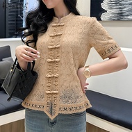 ZANZEA เสื้อลูกไม้คอตั้งแฟชั่นสำหรับผู้หญิงสไตล์เกาหลีเสื้อเสื้อไม่มีลายแขนแร็กแลนกบกระดุม #0714