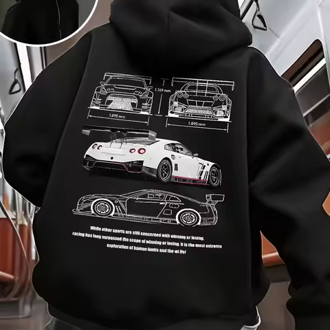Men's Black Automotive Graphic Print Hoodie with Back Design Casual Streetwear Pullover Regular Fit