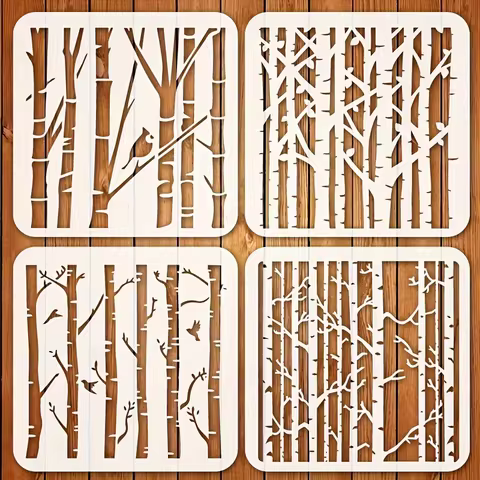 4PCS 5.9 x 5.9 in Forest Tree Stencils for Painting Woodland Branch Templates for Wall Canvas Fabric