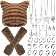 Sureio 25 Pcs Y2k Grunge Knitted Cat Beanie with Fairy Grunge Ripped Gloves Earrings Necklace Rings 