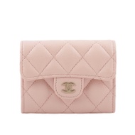 【CHANEL】金色CC Logo 牛皮雙層翻蓋卡片夾/零錢包(淡粉色)