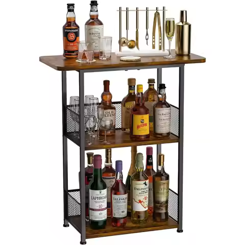 Floor Standing Freestanding Whiskey Rack: 3 Tier Wine Rack Mini Bar Table Corner Wine Bottle Display