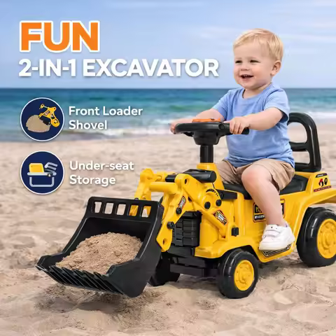 Ride on Toys Flexible Excavator with Under Seat Storage Pull Cart Kids Bulldozer Sit and Scoot Const