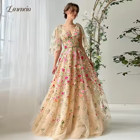Lorencia Floral Embroidery Lace Prom Dresses V-Neck Cape Sleeves A-Line Wedding Party Gowns Customiz