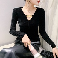 YIMEI เสื้อฉบับภาษาเกาหลีผู้หญิงขนาดใหญ่และสวยเสื้อสวมหัวสีดำพอดีตัวฤดูใบไม้ร่วงและฤดูหนาวใหม่