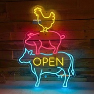 Open Butcher Sign Light Chicken Pig Cow Neon Light Farm Animal Neon Sign Barn Wall Sign Restaurant S