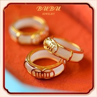 แหวนทองคําแท้ 99.9% 18k Natural Hetian Jade Couple ของขวัญเครื่องประดับหมั้นสําหรับผู้ชายและผู้หญิง