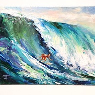 Painting Original Art Surfer Seascape on Cardboard 22x28cm.