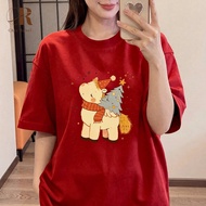 Baju Imlek Pambabae Merah Printed 2026 Women Short Sleeve T-shirt Year of the Horse Lucky Cotton