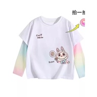 WASSUP Labubu Girls Long-Sleeved T-Shirt Summer Fake Two-Piece Pure Cotton Gauze Sunshade Sunscreen 