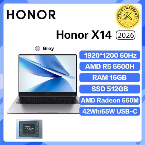 Honor X14 Laptop Ryzen 2026 14-inch AMD Radeon 660M R5 6600H 16GB 512GB IPS 60Hz Notebook Gray