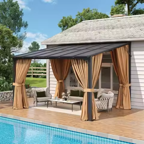 Aoxun 10'x12' Lean to Gazebo with Mosquito Net and Curtains, Aluminum Frame, Polycarbonate Panel, Wa