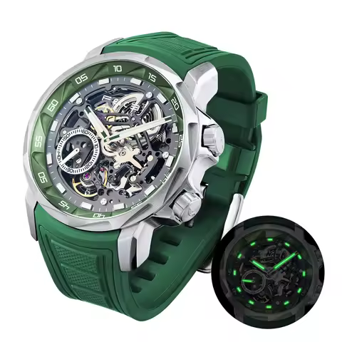 FEICE FM511 Men's Automatic Mechanical Watch,Fashion Skeleton Watch For Men,Green Silicone Strap,Lum