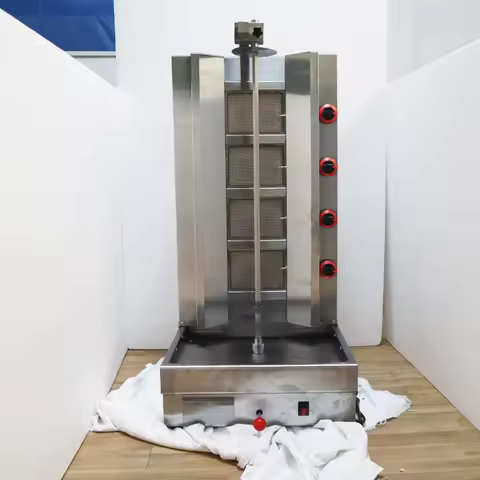 Automatic Rotating 4-Burner Gas Shawarma Machine, LPG Professional Doner Kebab Grill for Chicken Res