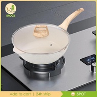 [Ihoce] 24cm Deep Frying Pan Non Stick with Lid Stir Fry Pan for Daily Cooking Versatile Scratch Resistant Chinese Wok Wooden Handle