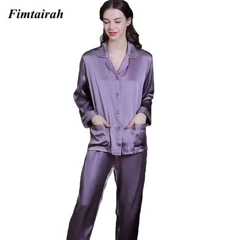 Fimtariah 6A 19MM 100% Silk Pajamas For Women Female Summer Pijamas long-sleeved Home Suit Real Silk