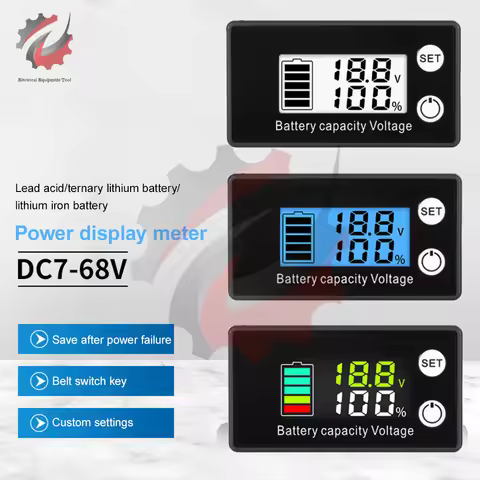 Battery Capacity Indicator DC 7-68V Lead Acid Lithium LiFePO4 Car Motorcycle Multicolour LCD Voltmet