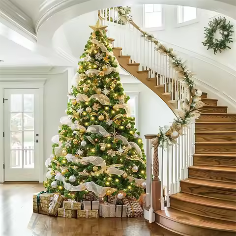 New10ft Artificial Christmas Tree , Snow Flocked Full Prelighted Xmas Tree with 2084 Branch Tips, 90
