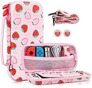 FANPL Carrying Case for Nintendo Switch and Switch OLED Accessories, Pink Strawberry Travel Case Bundle with Adjustable Shoulder Strap, Thumb Grips, Hard Switch Protective Case Cover Anti-scratch