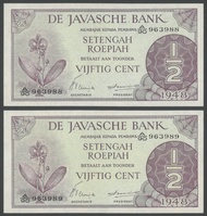 Uang Kuno Javasche Bank Federal III 1948 Setengah Gulden 2 lembar urut