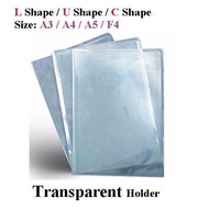 Waterproof Clear A5 / A4 / A3 / F4 Holder (0.18mm super thick) transparent U shape / C shape / L sha