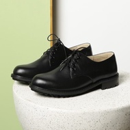 黑色 真皮綁帶寬楦厚底德比鞋 女鞋 皮鞋