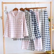 Muji Style Couple Pajamas Set 100% Cotton Gauze Women & Men Long-sleeved Trousers Pyjamas Large Size