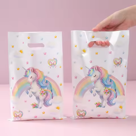 10/25/50pcs Unicorn Theme Plastic Handbags Rainbow Unicorn Pattern Small Gift Bags Unicorn Birthday 