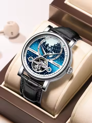 TEVISE Watch for Men Automatic Mechanical Movement Luminous Fashion Skeleton Watch Leather Strap Bus