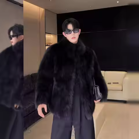 2025 New Fox Fur Grass Coat Men's Winter Warm Thick Short Tuscan Fashion Jacket Trendy