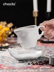 1入組茶杯和碟子套裝,咖啡杯套裝帶湯匙,臉部咖啡杯,拿鐵藝術咖啡師杯子,茶碗適用於創意禮品