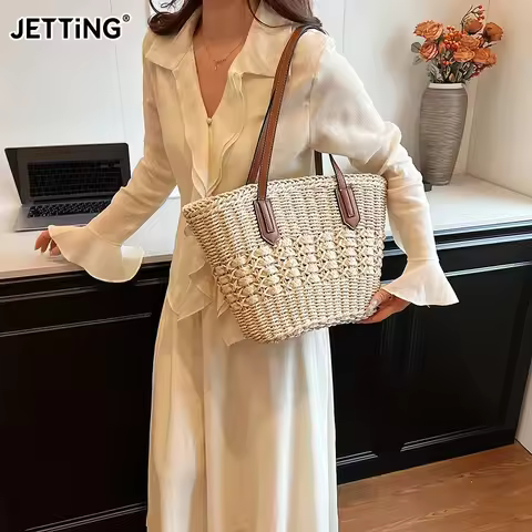 Summer Straw Bags For Women Straw Shoulder Bags Rattan Woven Top Handle Bag Hollow Raffia Crochet Hn