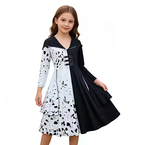 Cruella De Vil Cosplay Dress for Kids Girls 101 Dalmatians Costume Halloween Party Fancy Dress Up Ou