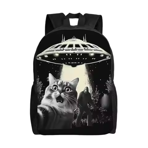 Cat UFO Schoolbag Back to school season Selfie With Alien Bigfoot Ape Portable Backpack