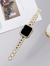 2入組38mm/40mm/41mm/42mm/44mm/45mm/49mm金色Apple Watch适用手帶，適用於Ultra2/1/Se/9/8/7/6/5/3/4/2/1系列，V形可調整的豪華金屬閃亮珠寶手帶搭配PC材質硬殼全覆蓋手錶，防撞和中空設計Apple Watch表帶