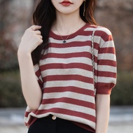 ทันสมัย บล็อกสี ลายทาง แขนสั้นถัก เสื้อท่อนบน ผู้หญิง ฤดูร้อน พรางหุ่น เรียบง่าย หลากหลาย เสื้อยืดหญ