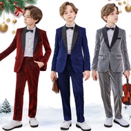 Lolanta 5Pcs Boys Christmas Suit Formal Sequins Tuxedo Outfit Red, grey Set Kids Long Sleeve Gentlem