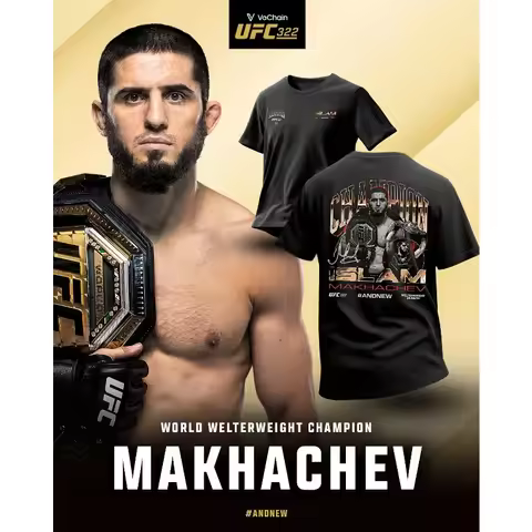 2026 Men's Black Islam Makhachev UFC 322 #AndNew Men's Welterweight Champion T-Shirt 100% Cotton Com