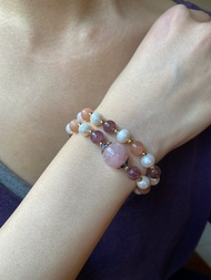 珍珠珊瑚玉草苺晶橙月光雙圈手串