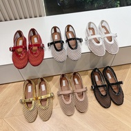 2024 Alaia Hollow Mesh Ballet Flats with Rhinestones Mary Jane Shoes French Style Fairy Flat Shoes O