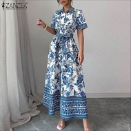 ZANZEA เดรสพิมพ์ดอกไม้สวยงามผู้หญิงคอปกแขนเสื้อแร็กแลนลูกไม้ขึ้น #0714