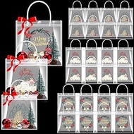 Cholemy 24 Pcs 3 Sizes Christmas Clear Plastic Gift Bags with Bow Ribbon Holiday PVC Gift Wrap Tote Bag Reusable Clear Party Favor Bags with Handles for Retail Christmas Wedding Birthday Shopping