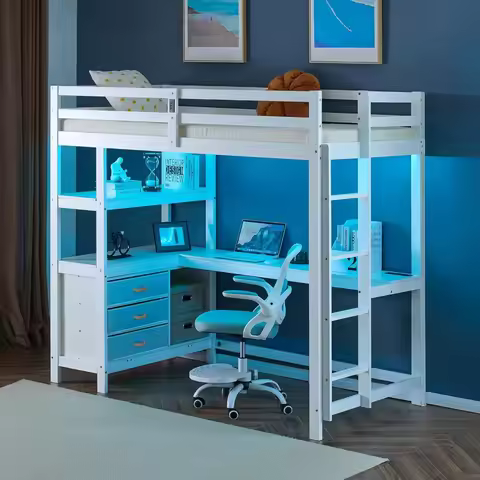 Twin Loft Bed with L-Shaped Desk and 3 Storage Drawers, Solid Wood Single Bunk Gamer Bed with RGB LE