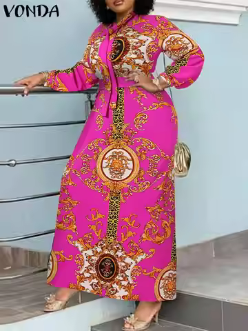 Plus Size 5XL VONDA Elegant Dress Women Bohemian Long Lantern Dress Printed Bow Tie Maxi Sundress Ca