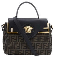 Pre-owned FENDI La Medusa Zucca handbag by Versace. Two-way shoulder bag in nylon canvas and leather